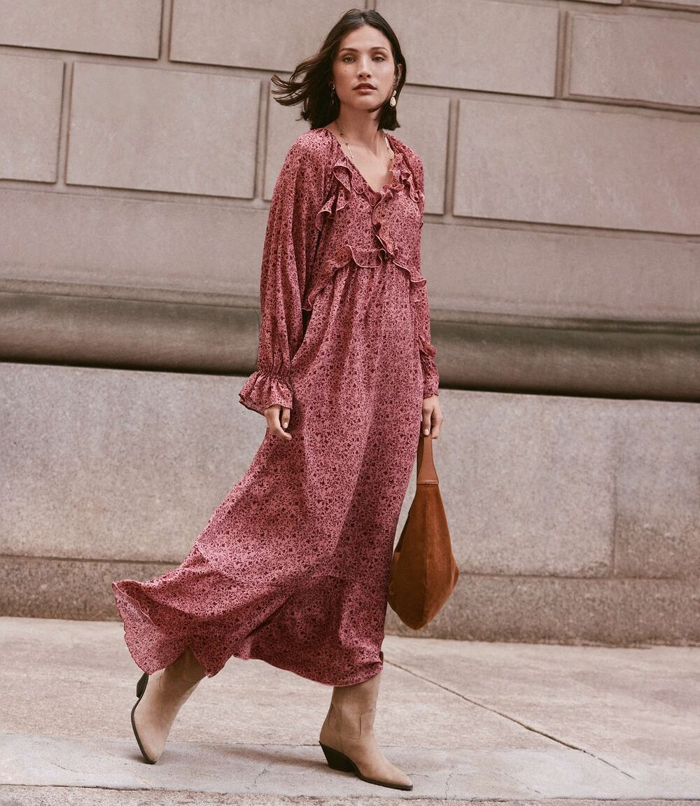 Loft NWT Floral Ruffle Maxi Dress Womens XL Pink Floral Cottagecore Boho Fairy